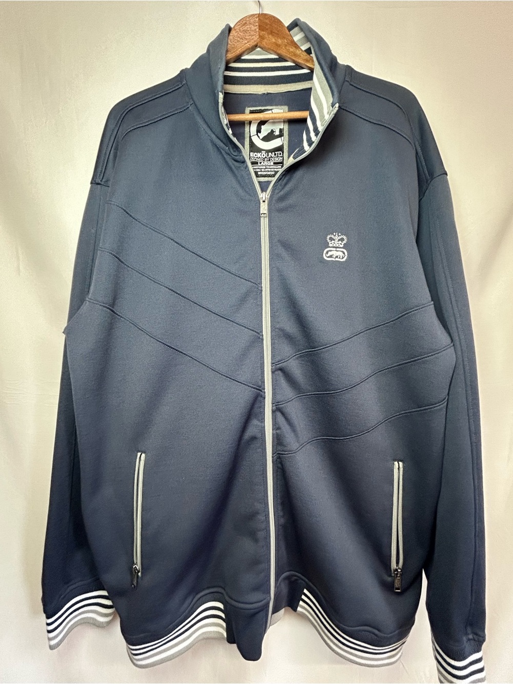 Ecko Unlimited Y2K 2000’s Men's Navy Full-Zip Sweater Jacket with Striped Trim